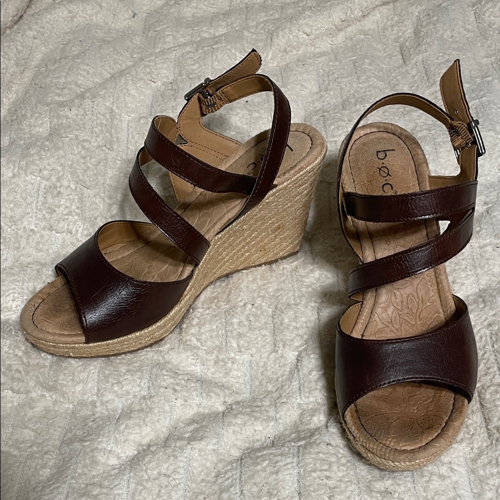 b.o.c. Dark Brown Leather Wedge Sandals